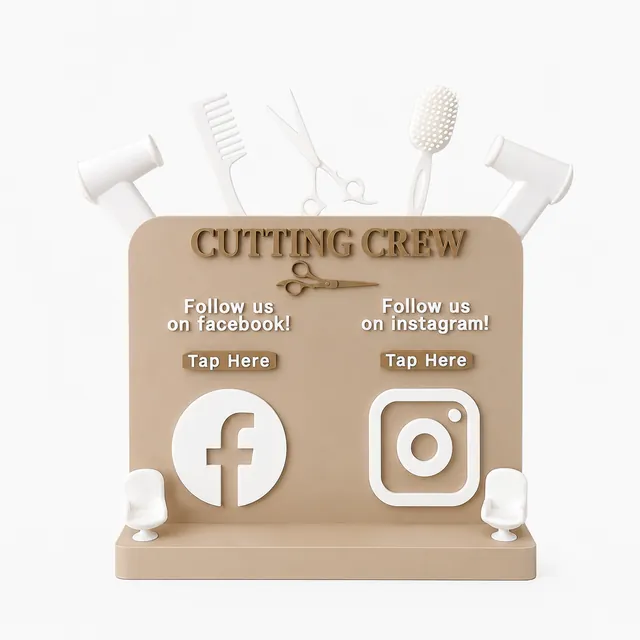 Barbershop NFC display decorated with scissors, combs and brushes