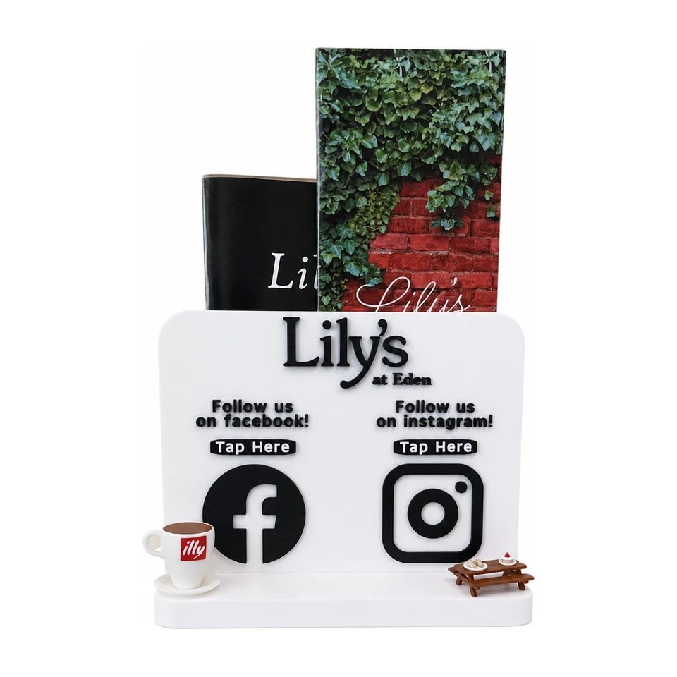 Large NFC menu holder with a tap-to-review panel