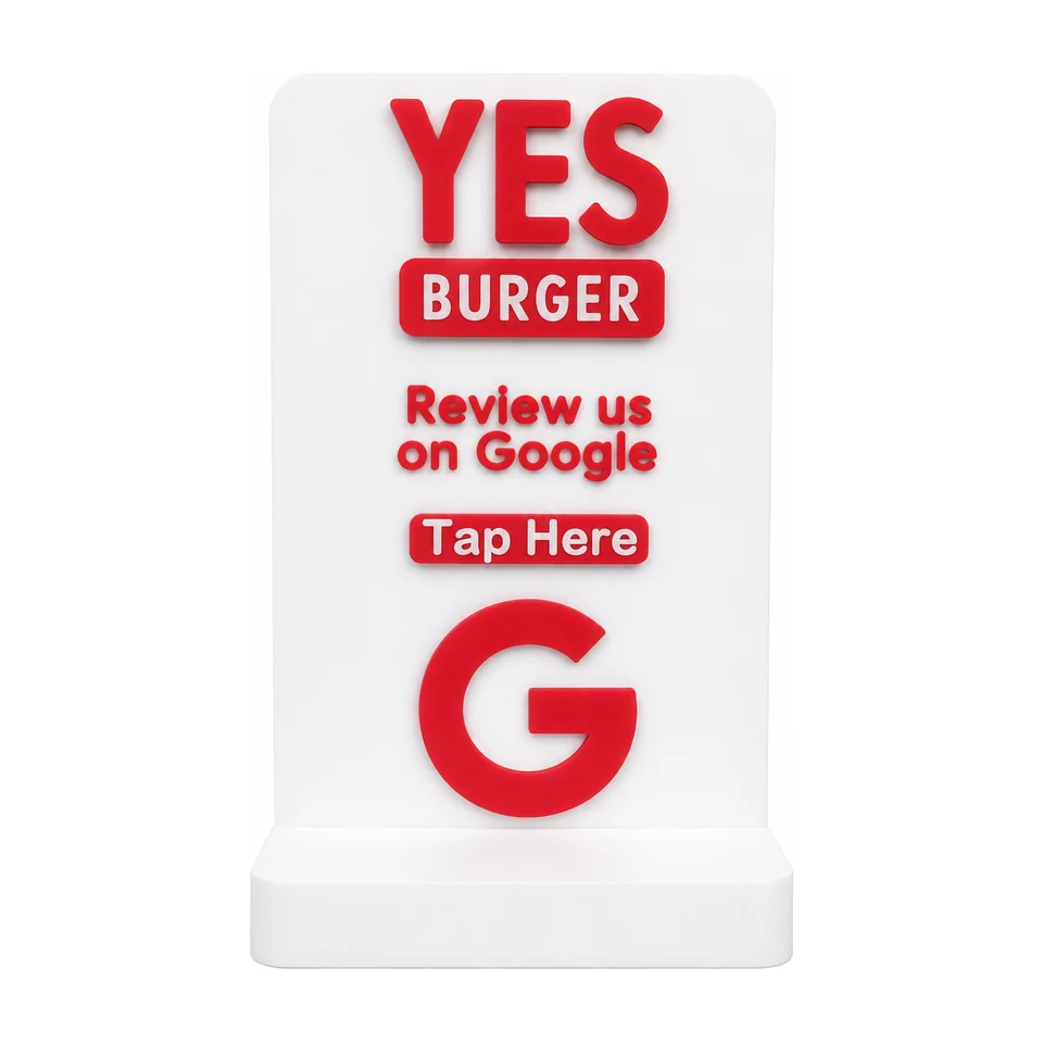 Small NFC display sign reading Review us on Google