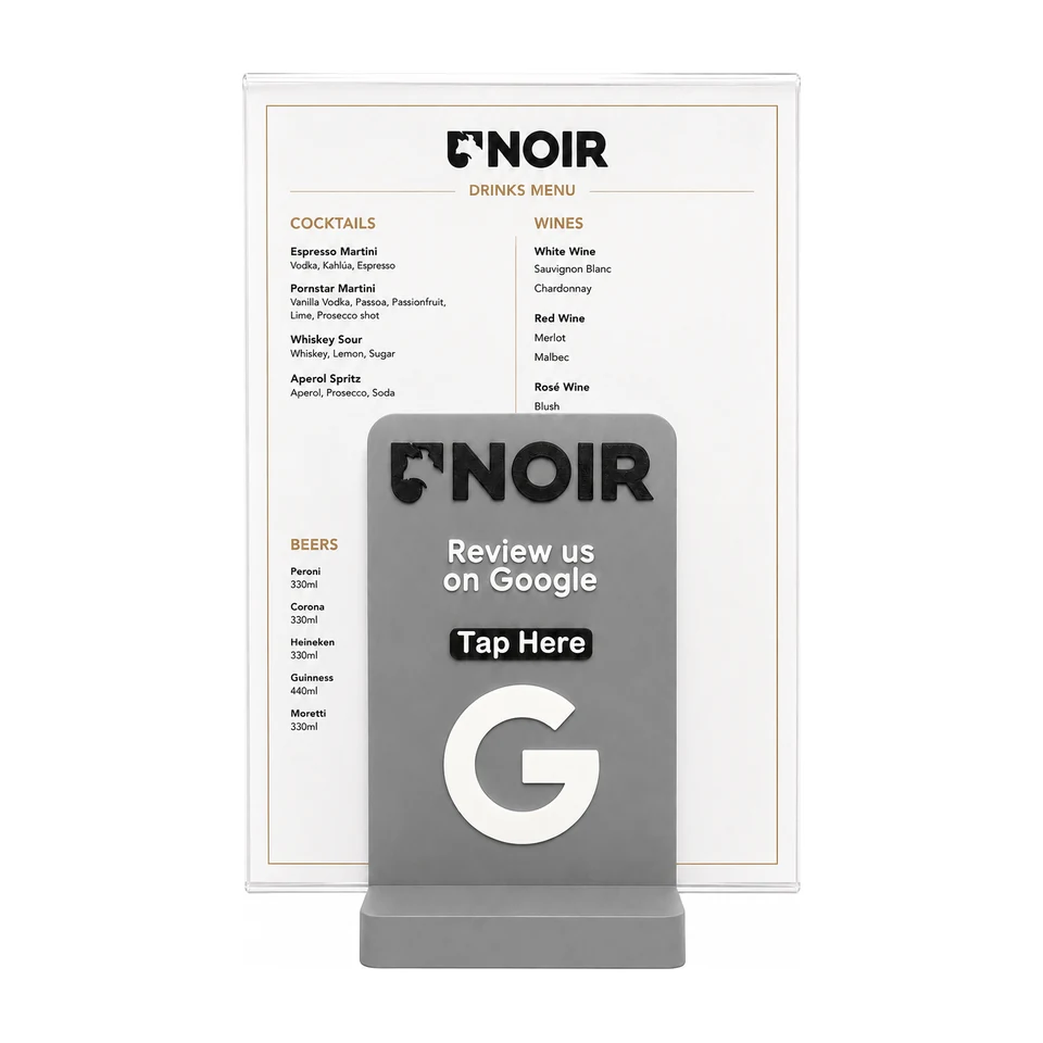 Small NFC menu holder with a tap-to-review panel
